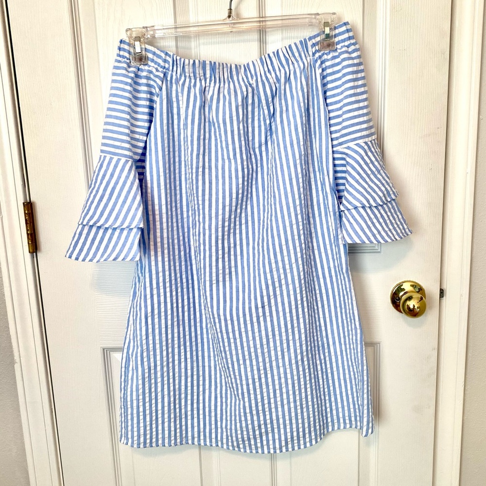 Seersucker Blue/White Striped Off Shoulder Dress